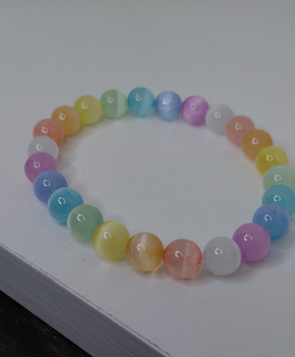 Handmade Rainbow Beaded Stretch Bracelet - Pastel Multicolor 7.25 Inches